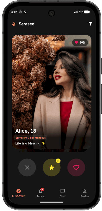 Serasee discover screen showing a compatibility-scored profile