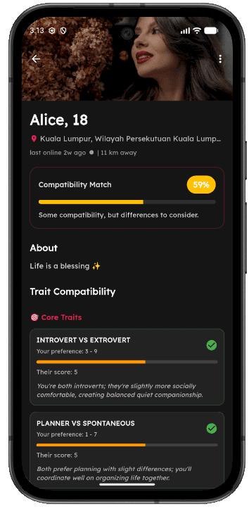 Serasee profile showing a 59% compatibility match with a trait breakdown