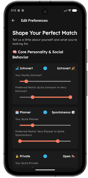 Serasee edit-preferences screen with trait sliders
